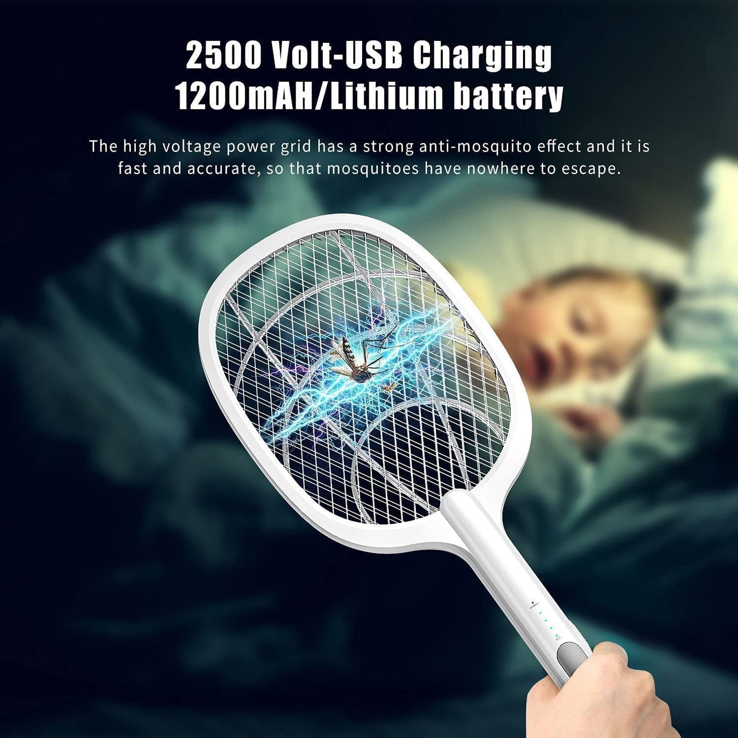 Rechargeable Electric Mosquito Racket – USB Insect Zapper Bat with LED Light for Indoor & Outdoor Use