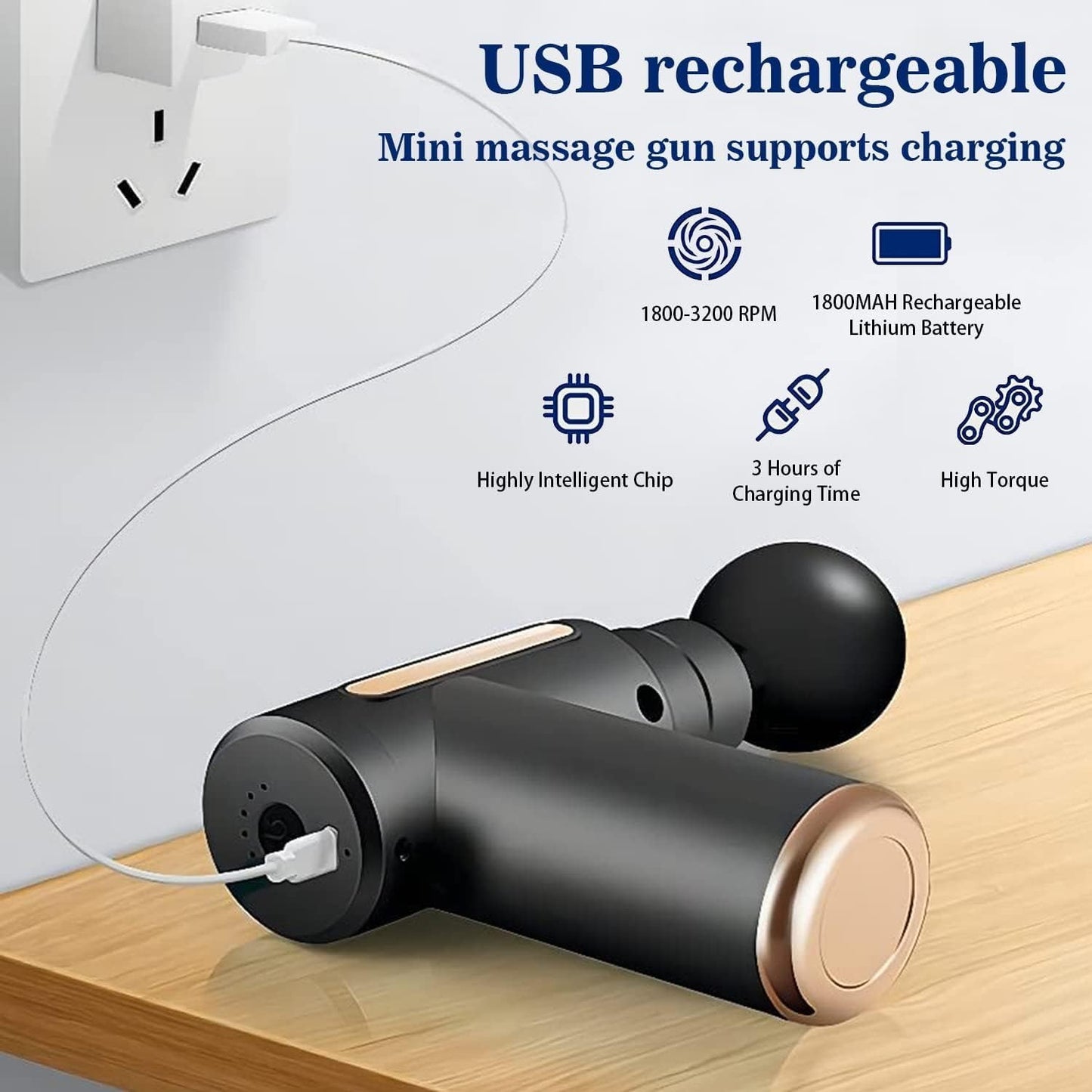 Rechargeable Muscle Massage Gun – Portable Percussion Massage Device with 4 Interchangeable Heads for Body Use