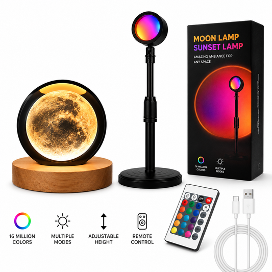 2-in-1 Moon & Sunset Lamp Deal | 3D Crystal Moon Lamp + Sunset Projection Lamp