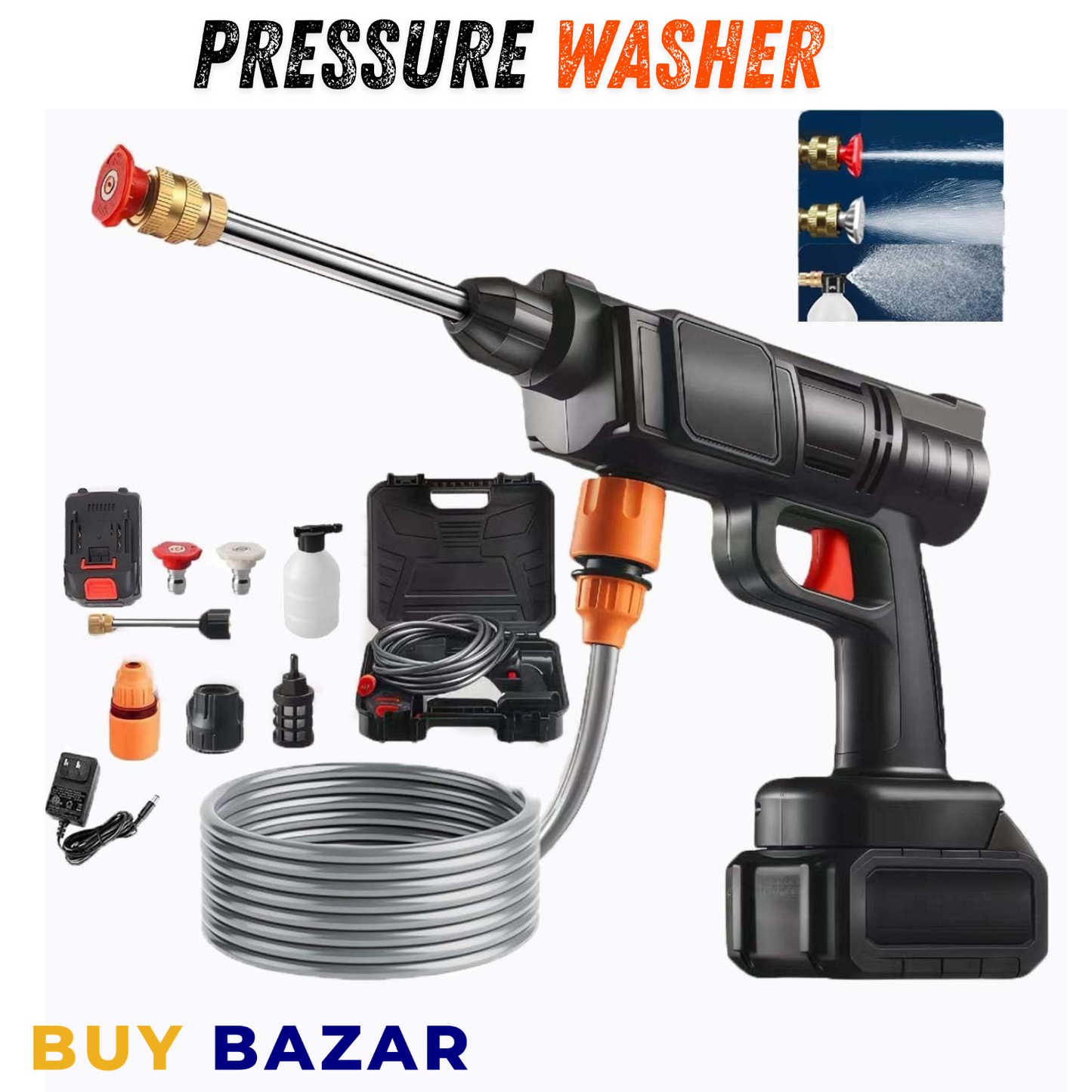 Cordless Pressure Washer Gun – Portable High Pressure Water Spray Gun with Battery, Hose & Multi Nozzle Kit for Car Wash & Home Cleaning
